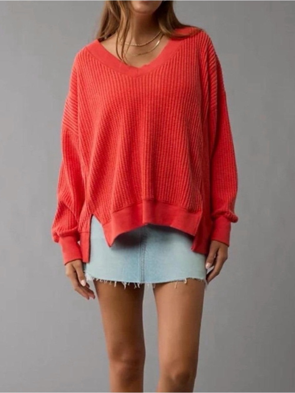 AE Oversized V-neck Waffle Pullover